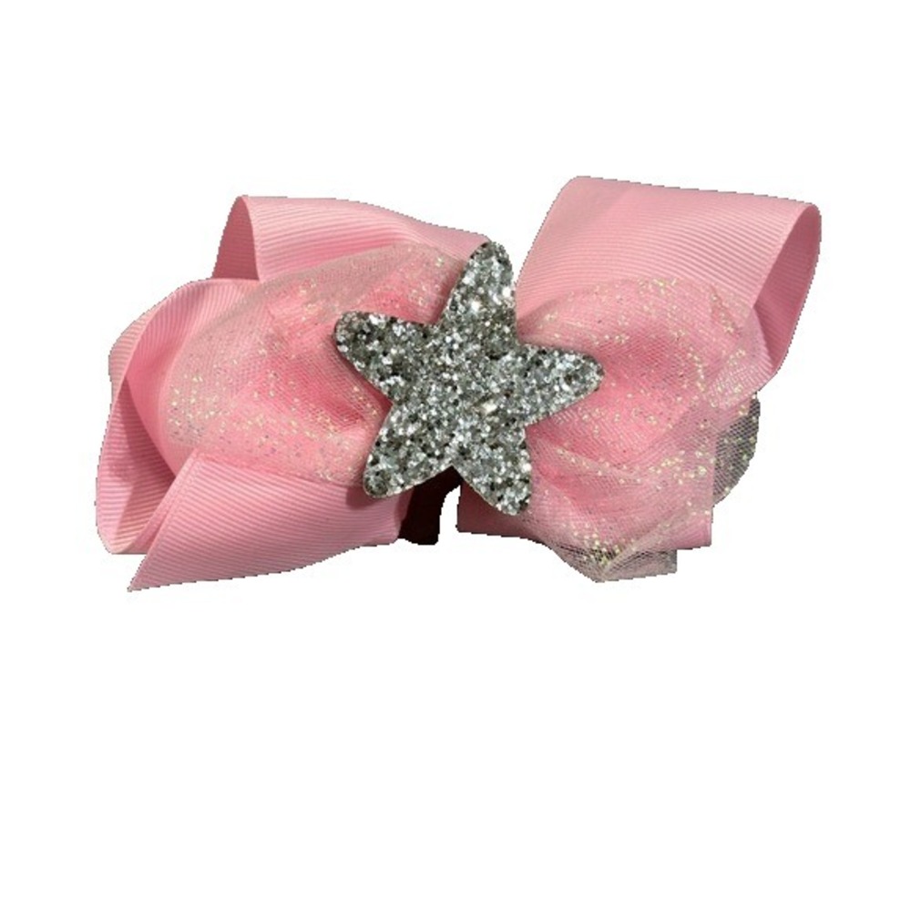 Unbranded Girls Pink Grosgrain Hair Bow Silver Glitter Star Tulle Clip Accessory